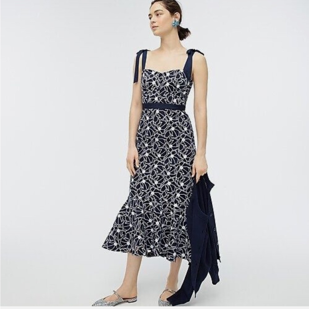 J Crew Navy and White Eyelet Floral Midi Dress NWT